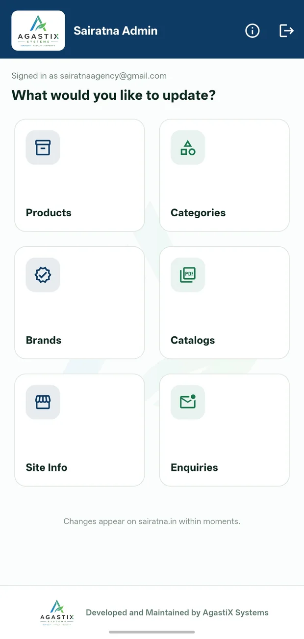 The companion admin app the owner uses to update the site